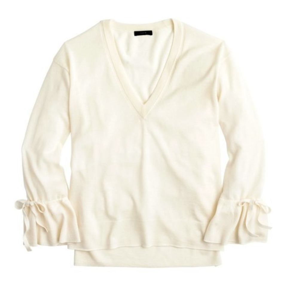 J.Crew Small S Ivory 100% Merino Wool V-Neck Tie Bell Sleeve Pullover Sweater